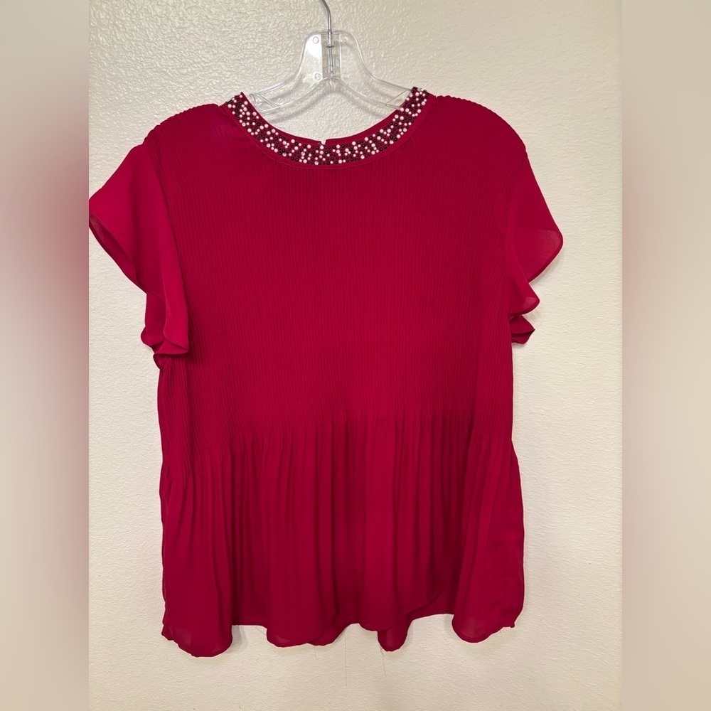 Adrianna Papell Red Pleated Blouse with Beaded Neckline